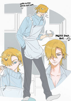 1boy apron black_pants blonde_hair blue_eyes blue_jacket commentary degrees_of_lewdity earrings english_commentary english_text hair_over_one_eye jacket jewelry multiple_views pants short_hair socks utu310 white_apron white_socks whitney_(degrees_of_lewdity) whitney_(male)_(degrees_of_lewdity)