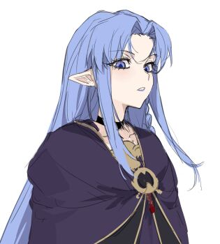 Rule 34 | 1girl, black choker, blue eyes, blue hair, braid, cape, choker, collarbone, fate/stay night, fate (series), highres, lips, lipstick, long hair, looking at viewer, makeup, medea (caster) (fate), medea (fate), parted lips, pointy ears, purple cape, purple lips, qianlilingjiang, simple background, solo, very long hair, white background