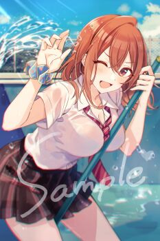 Rule 34 | 1girl, ;d, black skirt, blue bra, blue sky, blush, bra, bra visible through clothes, breasts, brown eyes, brown hair, cloud, collared shirt, commentary request, crossed bangs, day, double-parted bangs, empty pool, hair between eyes, highres, kohinata iroha (imouuzai), large breasts, leaning forward, long hair, looking at viewer, miniskirt, official art, one eye closed, open mouth, outdoors, pleated skirt, pool, school uniform, scrunchie, see-through clothes, see-through shirt, shirt, shirt tucked in, short sleeves, skirt, sky, smile, solo, standing, tomari (veryberry00), tomodachi no imouto ga ore ni dake uzai, underwear, water, wet, wet clothes, wet shirt, white shirt, wing collar, wrist scrunchie