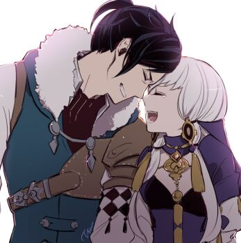 1boy 1girl black_hair closed_eyes felix_hugo_fraldarius felix_hugo_fraldarius_(timeskip) fire_emblem fire_emblem:_three_houses fur_trim hair_ornament heads_together laughing lysithea_von_ordelia lysithea_von_ordelia_(timeskip) mamegohan nintendo open_mouth smile white_hair