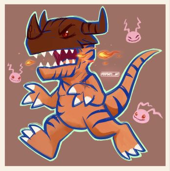 Rule 34 | border, brown background, digimon, digimon (creature), dinosaur, fire, greymon, highres, horns, koromon, mnmars art, no humans, red eyes, solo, white border