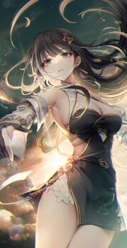 1girl armpits backlighting baizhi_(wuthering_waves) baizhi_(wuthering_waves) bare_shoulders belt black_dress black_gloves black_hair blue_eyes breasts china_dress chinese_clothes cleavage cowboy_shot detached_sleeves dress floating_hair flower gloves gold_trim hair_flower hair_ornament highres long_hair long_sleeves looking_at_viewer medium_breasts outstretched_arm ozzingo parted_lips partially_fingerless_gloves pelvic_curtain see-through_clothes see-through_cleavage short_dress sleeveless sleeveless_dress solo standing sunlight thighs wuthering_waves