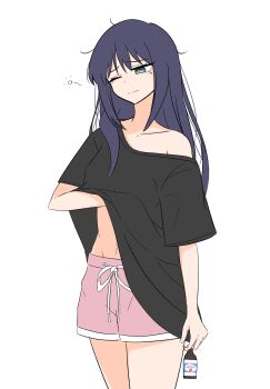 1girl absurdres black_shirt bottle bright_pupils cho_kaguya-hime! closed_mouth clothes_lift collarbone commentary cowboy_shot dot_nose drawstring green_eyes hair_down hand_under_clothes hand_under_shirt highres holding holding_bottle long_hair messy_hair mole mole_under_eye one_eye_closed pill_bottle pink_shorts purple_hair raised_inner_eyebrows sakayori_iroha scratching_stomach shirt shirt_lift short_shorts short_sleeves shorts sidelocks simple_background single_off_shoulder sleepy solo squeans standing t-shirt tearing_up tied_drawstring white_background white_pupils yukiguni773