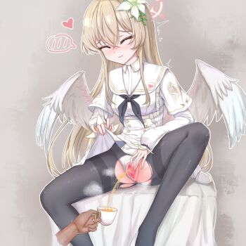 1girl absurdres angel_wings blonde_hair blue_archive blush closed_eyes clothes_lift clothing_aside cup disembodied_hand highres long_hair nagisa_(blue_archive) panties panties_aside pantyhose pee peeing peeing_in_cup skirt skirt_lift spread_pussy steam teacup torn_clothes torn_pantyhose underwear wings yi_naiya