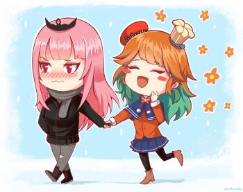 2girls alternate_costume aqua_hair black_boots black_gloves black_jacket black_pantyhose black_tiara blue_capelet blue_skirt blush blush_stickers boots bow brown_boots capelet chef_hat chibi chibi_only closed_eyes closed_mouth commentary earrings english_commentary eyelashes feather_earrings feathers fingerless_gloves flower full_body gloves grey_pants grey_scarf hand_in_pocket hat highres holding_hands hololive hololive_english jacket jewelry long_hair long_sleeves mori_calliope multicolored_hair multiple_girls multiple_hats nose_blush open_mouth orange_flower orange_hair outline pants pantyhose pink_hair red_bow red_eyes red_hat red_jacket scarf skirt smile snowing takanashi_kiara tiara torn_clothes torn_pants two-tone_hair virtual_youtuber walking wavy_mouth white_hat white_outline yellow_nicky yuri