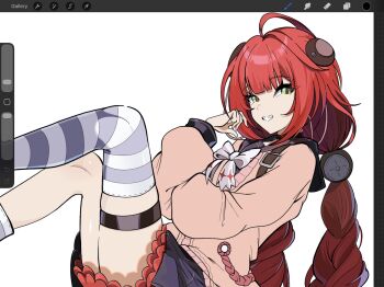 1girl ahoge art_program_in_frame black_skirt bow bowtie braid braided_twintails cardigan commentary english_commentary from_side green_eyes grin hair_ornament hand_up highres kurimako long_hair long_sleeves looking_at_viewer miniskirt pink_cardigan purple_thighhighs red_hair simple_background sitting skirt smile solo sphere_hair_ornament striped_clothes striped_thighhighs thigh_strap thighhighs twin_braids ukinami_yuzuha unfinished white_background white_bow white_bowtie zenless_zone_zero