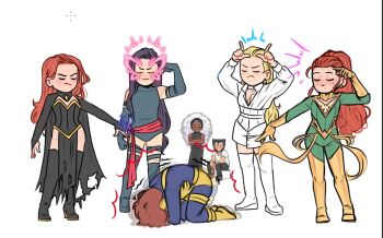 2boys 5girls afro beard belt blue_leotard bodysuit boots brown_hair cape chibi closed_eyes cyclops_(x-men) dark-skinned_female dark_skin dress emma_frost facial_hair gloves goblin_queen halter_leotard halterneck jean_grey leotard long_hair looking_at_another madelyne_pryor marvel mask meme multiple_boys multiple_girls muscular padawan_carol pain phoenix_(x-men) projecting_my_period_cramps_(meme) psychic psylocke red_hair red_sash revealing_clothes sash scott_summers short_hair storm_(x-men) superhero_costume waist_sash wolverine_(x-men) x-men