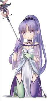 1girl asymmetrical_gloves asymmetrical_legwear bare_shoulders blue_dress blue_eyes blue_gloves blue_hair blue_thighhighs breasts commentary_request dress fate/grand_order fate_(series) gloves green_gloves green_thighhighs hecate's_staff_(fate) highres kneeling long_hair looking_at_viewer medea_(fate) medea_lily_(fate) mismatched_gloves mismatched_legwear pelvic_curtain pointy_ears ponytail sidelocks small_breasts solo thighhighs yubeshi_(zecxl)