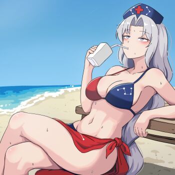 1girl arm_rest bare_shoulders beach bikini bikini_skirt blue_hat blue_sky blush breasts clear_sky cleavage collarbone commentary constellation_print cross crossed_legs curtained_hair drinking drinking_straw ehehe52921343 feet_out_of_frame grey_eyes grey_hair hat highres juice_carton large_breasts leaning_back long_hair loose_hair_strand multicolored_bikini navel nurse_cap ocean outdoors print_bikini print_hat red_cross sand sarong sitting sky solo sweat swimsuit table toned touhou two-tone_bikini very_long_hair yagokoro_eirin