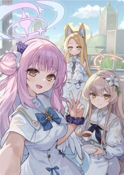 Rule 34 | 3girls, angel wings, animal ear fluff, animal ears, aqua hair, black neckerchief, blonde hair, blue archive, blue bow, blush, bow, breasts, brown eyes, brown hair, buttons, closed mouth, commentary request, cup, detached sleeves, dress, feathered wings, flower, fox ears, fox girl, gold trim, gradient hair, hair bow, hair bun, hair flower, hair ornament, halo, highres, holding, holding cup, hopepe, long hair, long sleeves, looking at another, looking at viewer, low wings, medium breasts, mika (blue archive), multicolored hair, multiple girls, nagisa (blue archive), neckerchief, open mouth, outdoors, pink hair, pink halo, red halo, scrunchie, seia (blue archive), single hair bun, single side bun, sleeveless, sleeveless dress, smile, tea party (blue archive), very long hair, white bow, white dress, white flower, white wings, wide sleeves, wings, wrist scrunchie, yellow eyes, yellow halo