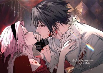 1boy 1girl black_gloves black_hairband blood blood_on_clothes blood_on_face blush couple dress earrings gloves green_eyes hair_between_eyes hairband half_gloves haruno_sakura hetero highres jewelry mushroomuaa naruto_(series) parted_bangs parted_lips red_dress red_eyes shirt twintails uchiha_sasuke upper_body white_shirt