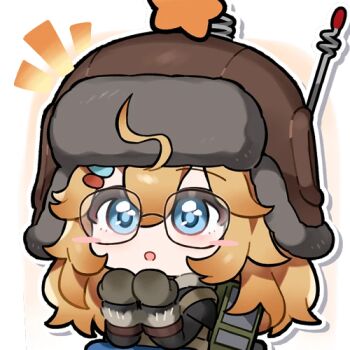1girl :o ahoge artist_request blue_eyes blush_stickers chibi chibi_only girls'_frontline girls'_frontline_2:_exilium glasses hat littara_(girls'_frontline_2) looking_at_viewer lowres mittens official_art orange_hair radio transparent_background ushanka wkp_(girls'_frontline)
