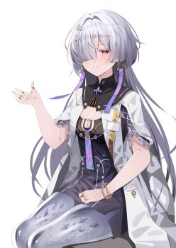 1girl breasts chinese_commentary cleavage closed_mouth colored_eyelashes commentary_request dress earrings feet_out_of_frame hair_intakes hair_over_one_eye hand_up highres id_card jacket jewelry light_blush long_hair looking_at_viewer mornye_(wuthering_waves) multiple_rings purple_dress quanshikm red_eyes ring see-through_body simple_background sitting small_breasts smile solo triangle_earrings white_background white_jacket wuthering_waves