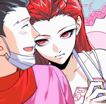 Rule 34 | 1boy, 1girl, ^ ^, absurdres, ace attorney, ako (eanaaati1), black hair, blush, braid, chinese commentary, close-up, closed eyes, closed mouth, collarbone, commentary request, dahlia hawthorne, expressionless, eyelashes, highres, holding, holding umbrella, long hair, looking at another, mask, mouth mask, phoenix wright, phoenix wright: ace attorney - trials and tribulations, phoenix wright (nostalgic sweater), portrait, red eyes, red hair, red scarf, scarf, surgical mask, umbrella