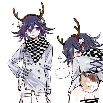 ... 1boy antlers arm_belt ass bar_censor bent_over blush bottomless buttons censored checkered_clothes checkered_scarf commentary_request cross-laced_clothes cross-laced_top danganronpa_(series) danganronpa_v3:_killing_harmony deer_antlers deer_boy deer_tail embarrassed flipped_hair from_behind hair_between_eyes hand_on_own_hip highres horns long_sleeves looking_at_viewer looking_back male_focus medium_hair multicolored_buttons oma_kokichi presenting presenting_ass purple_eyes purple_hair scarf short_hair shy simple_background solo spoken_ellipsis tail testicles thigh_strap trap tujiang6 two-tone_scarf white_background