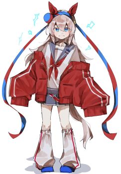 Rule 34 | 1girl, animal ears, bkv8j, blue eyes, blue hairband, blush, bow, ear bow, ear covers, ear ornament, fang, grey hair, grey tail, hair between eyes, hairband, headband, highres, horse ears, horse girl, horse tail, jacket, long hair, long sleeves, open mouth, red headband, shirt, smile, solo, striped clothes, striped hairband, tail, tamamo cross (umamusume), umamusume, very long hair