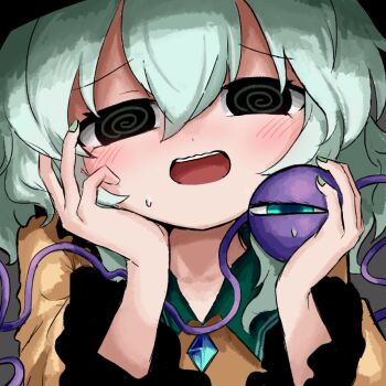 1girl :d @_@ black_eyes blush buttons collared_shirt diamond_button double-parted_bangs eyeball green_nails grey_background hair_between_eyes hand_on_own_chest heripantomorrow holding holding_eyeball komeiji_koishi long_hair long_sleeves looking_at_viewer open_mouth shirt simple_background smile solo teeth third_eye touhou upper_body upper_teeth_only yellow_shirt