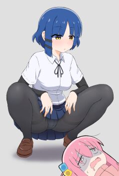 2girls absurdres black_ribbon black_shirt blue_hair blue_skirt bocchi_the_rock! closed_mouth collared_shirt commentary_request crotch_seam cube_hair_ornament full_body gotoh_hitori gradient_background grey_background hair_ornament hairclip highres loafers long_sleeves lying miniskirt multiple_girls neck_ribbon on_back open_mouth paid_reward_available panties panties_under_pantyhose pantyhose parallel_hairclips pink_hair pleated_skirt ribbon shirt shirt_under_shirt shoes short_hair skirt spread_legs squatting thighband_pantyhose thighs underwear usazirou539 white_panties white_shirt yamada_ryo yellow_eyes