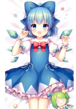 Rule 34 | 0 0, 2girls, :3, :d, absurdres, ahoge, bloomers, blue bow, blue eyes, blue hair, blush, bow, bowtie, chibi, cirno, closed mouth, coa (chroo x), collared shirt, cowboy shot, daiyousei, dress, frilled dress, frilled shirt collar, frilled wrist cuffs, frills, green hair, hair bow, hands up, highres, ice, ice wings, looking at viewer, multiple girls, on bed, open mouth, pinafore dress, red bow, red bowtie, shirt, short hair, short sleeves, sleeveless, sleeveless dress, smile, third-party source, touhou, underwear, white bloomers, white shirt, wings, wrist cuffs