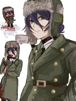 Rule 34 | 1girl, alternate costume, arm support, b3ucz6mnnl59089, belt, black boots, black choker, black necktie, black pants, blood, blood on clothes, blood on face, blood on ground, blood on hands, blush stickers, boots, brown belt, buttons, cellphone, chainsaw man, chibi, chibi inset, choker, clenched hand, closed eyes, closed mouth, coat, collared shirt, cowboy shot, empty eyes, english text, flip phone, full body, fur-trimmed headwear, fur trim, green coat, green eyes, green hat, hair between eyes, hair bun, hand in pocket, hand up, hashtag-only commentary, hat, highres, holding, holding phone, implied murder, lapels, long hair between eyes, long sleeves, looking at object, looking at viewer, looking down, military, military hat, military uniform, multiple views, necktie, pants, phone, purple hair, reze (chainsaw man), shirt, short hair, sidelocks, simple background, smile, snow, soviet army, speech bubble, standing, talking on phone, upper body, ushanka, white background, white shirt, winter