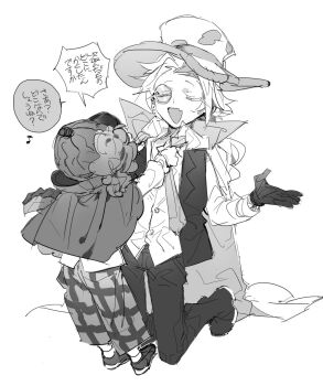 1girl 1other age_difference androgynous bad_id bad_twitter_id capelet child closed_eyes cookie_run curly_hair dressing_another fang greyscale hat height_difference humanization inactive_account kneeling long_hair monochrome monocle nana_(ebitokanimiso) open_mouth painttool_sai_(medium) pants roguefort_cookie simple_background sketch skin_fang translation_request very_long_hair walnut_cookie white_background