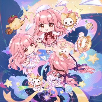 >_< 3girls ahoge animal animal_on_head ankle_socks baby_animal bare_arms beret bird black_bow black_ribbon bloom_poetry_(shining_nikki) blushbunny_(infinity_nikki) bow bow_legwear bowtie brown_eyes carrot cat chibi chick chinese_commentary circle_skirt cloak closed_mouth clothed_animal clothes_writing cloud collared_shirt commentary_request cross-laced_clothes cross-laced_dress cross-laced_legwear culiujiujiu dot_nose dress dress_bow dress_ribbon ear_covers eyelashes falling floating_clothes floating_hair floral_print food frilled_shirt frilled_shirt_collar frilled_skirt frilled_sleeves frills from_behind gifty_(nikki) hair_bow hair_ribbon halftone happy hat hexagram high_heels highres holding holding_food holding_sign holding_vegetable hood hood_up hooded_cloak infinity_nikki kneehighs layered_skirt light_blush light_particles long_hair long_sidelocks long_sleeves looking_at_another looking_at_viewer low_twintails medium_dress miniskirt miracle_nikki momo_(nikki) multiple_girls multiple_persona nikki_(nikki) nikki_(series) off-shoulder_shirt off_shoulder on_head open_mouth orange_bow orange_bowtie outline outstretched_arms paper_airplane perfect_start_(infinity_nikki) pink_bow pink_dress pink_hair pink_shoes pink_skirt plaid_clothes plaid_dress pleated_dress pleated_skirt print_shirt print_skirt puffy_long_sleeves puffy_sleeves rabbit red_bow red_bowtie red_ribbon ribbon rose_print shining_nikki shirt shoes sidelocks sign skirt skirt_set sleeveless sleeveless_shirt sleeves_past_wrists smile snowflake_print socks star_(symbol) tareme teeth traditional_bowtie tress_ribbon twintails upper_teeth_only vegetable very_long_hair wavy_hair whiskers white_cat white_hat white_outline white_shirt white_skirt white_socks yellow_cloak