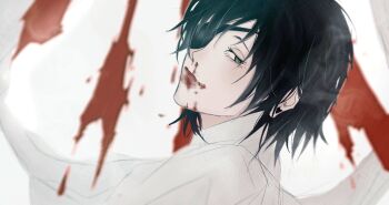 1girl black_hair blood blood_on_face chainsaw_man closed_mouth eyepatch green_eyes highres himeno_(chainsaw_man) huhaha09 light_smile looking_at_viewer nosebleed shirt solo white_shirt