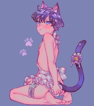 1boy :< @_@ absurdres animal_ears apron bare_back bare_legs barefoot bell black_hair blue_background blue_eyes blush bomhat bow cat_boy cat_ears cat_tail closed_mouth commentary freckles highres male_focus naked_apron original paw_print short_hair simple_background solo sweatdrop tail tail_bell tail_bow tail_ornament thigh_strap trap very_short_hair white_apron