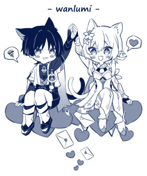 1boy 1girl animal_ears arm_at_side arm_up armor bare_shoulders belt blunt_ends blush_stickers bodysuit bow breasts bridal_gauntlets bridal_legwear cat_boy cat_ears cat_girl cat_tail cleavage dress fang feather_hair_ornament feathers flower full_body gem genshin_impact gloves greyscale hair_between_eyes hair_flower hair_ornament halterneck heart hetero highres japanese_armor japanese_clothes juban kimono kote kusa_013yyds layered_sleeves leg_warmers letter looking_at_another love_letter lumine_(genshin_impact) mandarin_collar middle_ring monochrome open_clothes open_kimono open_mouth palms_together partially_fingerless_gloves pom_pom_(clothes) rope sandals sash scaramouche_(genshin_impact) scarf ship_name shipping_(fandom) shoes short_hair short_hair_with_long_locks short_sleeves shorts sidelocks sitting spoken_heart spoken_squiggle squiggle stirrup_legwear tail thighhighs toeless_legwear vambraces vision_(genshin_impact) wanderer_(genshin_impact) white_background wispy_bangs zouri