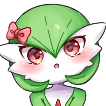 :o absurdres blush bow commentary_request gardevoir gen_3_pokemon highres looking_at_viewer nintendo parted_lips pokemon pokemon_(creature) red_bow red_eyes rutorifuki simple_background solo upper_body white_background