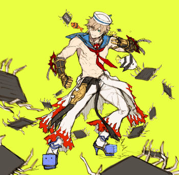 belt black_belt black_gloves blue_collar blue_footwear blue_sailor_collar championship_belt clothes_around_waist collar detached_collar fish flame_print gauntlets gloves high_heels kusabi_(aighe) microchip neckerchief pants ragnarok_online red_neckerchief sailor_collar shirt shirt_around_waist sura_(ragnarok_online) toned toned_male topless_male white_pants white_shirt