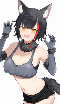 :d alternate_costume animal_ears black_collar black_hair black_shorts black_sports_bra black_tail bra breasts cleavage collar commentary english_commentary fang fur-trimmed_gloves fur_bra fur_trim gloves grey_bra hand_up hands_up highres hololive large_breasts looking_at_viewer multicolored_hair navel ookami_mio open_mouth red_hair short_hair short_shorts shorts shuuzo3 simple_background smile sports_bra stomach streaked_hair tail underwear virtual_youtuber white_background wolf_ears wolf_girl wolf_tail yellow_eyes
