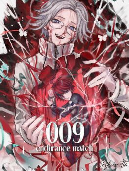 2boys ahoge aotsuki_eito armband black_jacket black_streaks blood blood_on_clothes blood_on_face blue_eyes bug butterfly commentary crack english_text glasses gloves grey_hair grin hashtag-only_commentary heart_(organ) highres holding holding_heart_(organ) insect jacket last_defense_academy_school_uniform looking_at_viewer male_focus mini_person miniboy multicolored_hair multiple_boys open_mouth purple_eyes red_hair school_uniform short_hair signature smile spoilers streaked_hair sumino_takumi the_hundred_line_-last_defense_academy- two-tone_hair vixx_(vixiolatte) white_armband white_butterfly white_gloves white_jacket