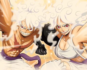 1boy 1girl absurdres breasts cleavage gear_fifth highres jewelry_bonney large_breasts looking_at_viewer medium_hair midriff monkey_d._luffy navel one_piece piercing rakara11_(rakkarts) red_eyes scarf white_hair