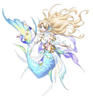 1girl air_bubble aqua_eyes bare_shoulders beads blonde_hair breasts bubble center_opening clothing_cutout covered_navel curtained_hair detached_sleeves fins fish_tail floating floating_hair floating_object full_body game_cg gem gold_beads hair_ornament head_fins hourglass jewelry langrisser langrisser_mobile large_breasts long_hair long_sidelocks looking_at_viewer mermaid monster_girl navel necklace nymph_(langrisser) official_art open_mouth pearl_(gemstone) puffy_sleeves sash see-through_clothes see-through_shawl shawl shirt sidelocks simple_background sleeveless sleeveless_shirt smile solo standing tachi-e tail third-party_source transparent_background very_long_hair waist_sash white_shirt white_sleeves wrist_wrap