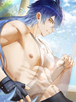 1boy abs absurdres black_gloves blue_hair fingerless_gloves flins_(genshin_impact) from_side genshin_impact gloves gradient_hair hashtag-only_commentary highres kaon7lv long_hair looking_at_viewer male_focus multicolored_hair muscular muscular_male navel navel_hair nipples pectorals see-through_clothes see-through_tank_top solo sweat two-tone_hair yellow_eyes