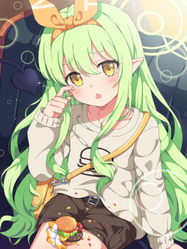 1girl blue_archive blush bow_hairband brown_shorts burger food green_hair green_halo grey_shirt hair_between_eyes hairband halo highres hikari_(blue_archive) hikari_(mom&#039;s_touch)_(blue_archive) long_hair looking_at_viewer mikoshi_(user_wvyd4348) official_alternate_costume open_mouth orange_hairband pointy_ears shirt shorts sidelocks solo yellow_eyes