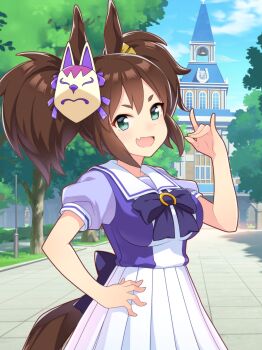 1girl \m/ absurdres animal_ears aqua_eyes artist_request back_bow bare_arms bell blue_bow blue_bowtie blue_shirt blue_sky bow bowtie breasts brooch brown_hair cloud cowboy_shot day dot_nose eyelashes fang fox_mask game_cg hair_between_eyes hair_bow happy high-waist_skirt highres horse_ears horse_girl horse_tail horseshoe_ornament inari_one_(umamusume) jewelry lamppost large_breasts mask mask_on_head multiple_hair_bows official_art open_mouth outdoors path pleated_skirt puffy_short_sleeves puffy_sleeves purple_bow road sailor_collar school school_uniform shade shirt short_hair short_sleeves short_twintails skin_fang skirt sky smile solo standing summer_uniform tail third-party_source tracen_academy tracen_school_uniform tree tsurime twintails two-tone_shirt umamusume white_mask white_sailor_collar white_shirt white_skirt window yellow_bow