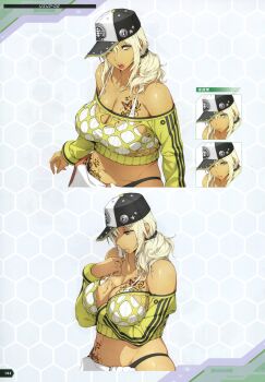 1girl :o absurdres artbook belt blonde_hair breasts butterfly_tattoo curvy dark-skinned_female dark_skin dithering gyaru hat highleg highleg_panties highres large_breasts lips long_hair long_sleeves navel official_art panties parted_lips ponytail rinalia_kuo scan see-through_clothes see-through_shirt shiny_skin shorts standing stomach_tattoo studded_belt super_robot_wars super_robot_wars_dd tattoo thong underwear watanabe_wataru_(character_designer) wide_hips