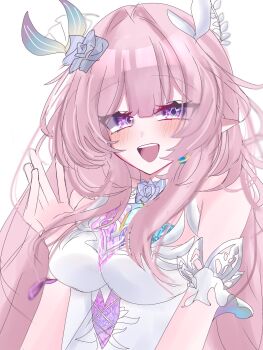 1girl breasts commentary_request cyrene_(honkai:_star_rail) cyrene_(ripples_of_past_reverie)_(honkai:_star_rail) diamond-shaped_pupils diamond_(shape) dress earrings flower hair_flower hair_ornament highres honkai:_star_rail honkai_(series) jewelry large_breasts long_hair looking_at_viewer nana_t10 open_mouth pink_hair pointy_ears purple_eyes simple_background smile solo symbol-shaped_pupils very_long_hair white_background white_dress