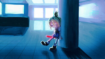 1girl ben-day_dots black_shoes blue_dress bow closed_eyes collared_shirt column cookie_(touhou) daiyousei diyusi_(cookie) dress full_body green_hair hair_bow high-visibility_clothing high-visibility_vest high_ponytail highres indoors melanin_shikiso pillar pinafore_dress ponytail screentones shirt shoes short_hair sleeveless sleeveless_dress socks solo standing tile_floor tiles touhou traffic_baton white_shirt white_socks window yellow_bow