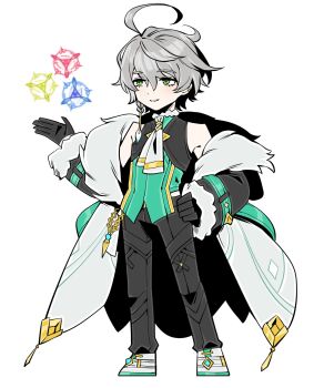 1boy ahoge ainchase_ishmael bare_shoulders black_gloves black_pants bluhen_(elsword) braid coat colored_shoe_soles commentary eirlys_els elsword full_body fur-trimmed_coat fur-trimmed_sleeves fur_trim gloves green_eyes green_shirt green_vest grey_hair grin hair_between_eyes hand_on_own_hip hand_up highres limbus_company long_sleeves male_focus neckerchief off_shoulder open_clothes open_coat pants parody project_moon shirt shoes short_hair side_braid simple_background single_braid sleeveless sleeveless_shirt smile solo standing style_parody vest white_background white_coat white_neckerchief white_shoes