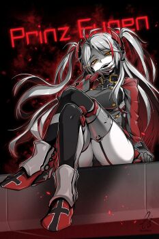 1girl azur_lane black_panties black_thighhighs breasts character_name crossed_legs ebiblue gesugao greyscale_with_colored_background hand_on_own_chin highres long_hair long_sleeves looking_at_viewer monochrome panties prinz_eugen_(azur_lane) puffy_long_sleeves puffy_sleeves red_eyes smile solo teeth thigh_strap thighhighs underwear white_hair