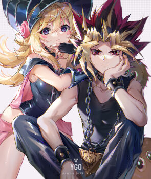 1boy 1girl artist_name blonde_hair blush_stickers chain choker collarbone dark_magician_girl colored_bangs ekita_kuro fingerless_gloves gloves highres jewelry kuriboh lips long_hair looking_at_viewer millennium_puzzle multicolored_hair muto_yugi purple_eyes red_eyes shirt sitting spiked_hair yami_yugi yu-gi-oh! yu-gi-oh!_duel_monsters
