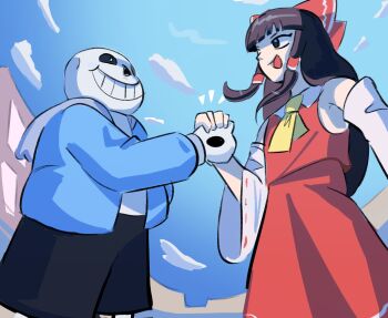 1boy 1girl black_hair black_shorts blue_jacket blue_sky blunt_bangs bow cloud cloudy_sky detached_sleeves grabbing_another&#039;s_hand hair_bow hakurei_reimu highres jacket japanese_clothes just_yousif looking_at_another meme miko nontraditional_miko outdoors red_bow sans_(undertale) shorts skeleton sky the_one_piece_is_real_(meme) touhou undertale utdr_(toby_fox)