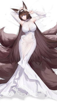 Rule 34 | 1girl, absurdres, amagi (azur lane), amagi (cv) (azur lane), amagi (cv) (moonlit blossom on placid seas) (azur lane), animal ears, arms up, azur lane, bed sheet, breasts, bridal veil, bride, brown tail, chinese commentary, cleavage, closed mouth, collar, commentary request, covered navel, crotch, detached sleeves, dress, eyeshadow, fingernails, flower, fox ears, fox girl, fox tail, frilled collar, frilled dress, frilled headband, frilled sleeves, frilled veil, frills, full body, hair flower, hair ornament, headband, highres, jewelry, kitsune, kyuubi, large breasts, legs together, lilin (pixiv 25958194), long hair, lying, makeup, multiple tails, necklace, official alternate costume, on back, on bed, pearl necklace, purple eyes, rose, see-through clothes, see-through dress, smile, tail, thick eyebrows, thighs, veil, very long hair, wedding dress, white dress, white flower, white headband, white rose, white sleeves