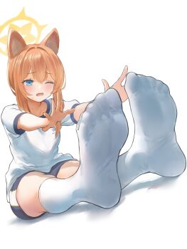1girl absurdres animal_ear_fluff animal_ears blue_archive blue_eyes blush exercising feet foot_focus gym_shirt gym_shorts gym_uniform hair_between_eyes halo highres kneehighs leaning_forward mari_(blue_archive) mari_(track)_(blue_archive) marulire no_shoes official_alternate_costume one_eye_closed open_mouth orange_hair shirt short_sleeves shorts sitting socks soles solo stretching white_shirt white_socks yellow_halo