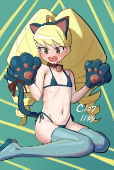 1girl animal_ear_hairband animal_ears animal_hands bell bikini black_bikini blonde_hair blue_thighhighs blush bow cat_ears cat_tail collar commentary_request drill_hair embarrassed fake_animal_ears flat_chest green_eyes hair_bow hairband highres loli long_hair luna_platz_(mega_man) mega_man_(series) mega_man_star_force_(series) micro_bikini navel neck_bell ogi_non open_mouth sitting swimsuit tail tail_bow tail_ornament thighhighs twin_drills very_long_hair
