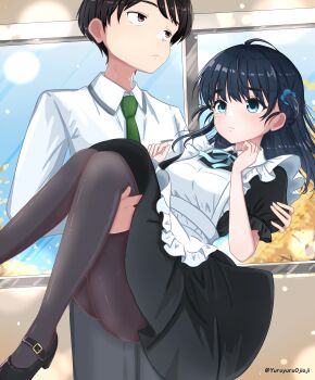 1boy 1girl absurdres alternate_costume apron artist_name basori_tiara black_dress black_hair black_pants black_pantyhose black_shoes blue_eyes blue_ribbon brown_eyes brown_hair carrying closed_mouth collared_shirt commentary_request dress enmaided green_necktie highres maid maid_apron make_heroine_ga_oo_sugiru! mary_janes neck_ribbon necktie nukumizu_kazuhiko pants pantyhose princess_carry ribbon shirt shoes white_apron white_shirt yuruku_ikiru_ojisan