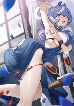 1girl ako_(blue_archive) ako_(dress)_(blue_archive) alcohol arm_behind_head arm_up armpits ass backless_dress backless_outfit bare_legs blue_archive blue_dress blue_hair blue_halo blue_petals blush breasts cluseller commentary_request cuffs cup dress drinking_glass halo large_breasts official_alternate_costume plunging_neckline presenting_armpit red_wine shackles sideboob sideless_dress single_handcuff solo spread_armpit table tearing_up thighs wine wine_glass